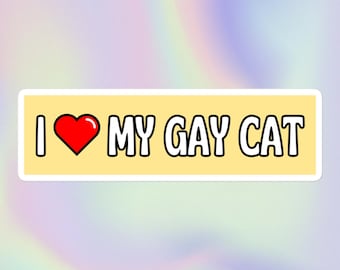 I Love My Gay Cat | Funny Sarcastic Cat Lover Y2K Style Bumper Sticker | Bubble-Free Sticker