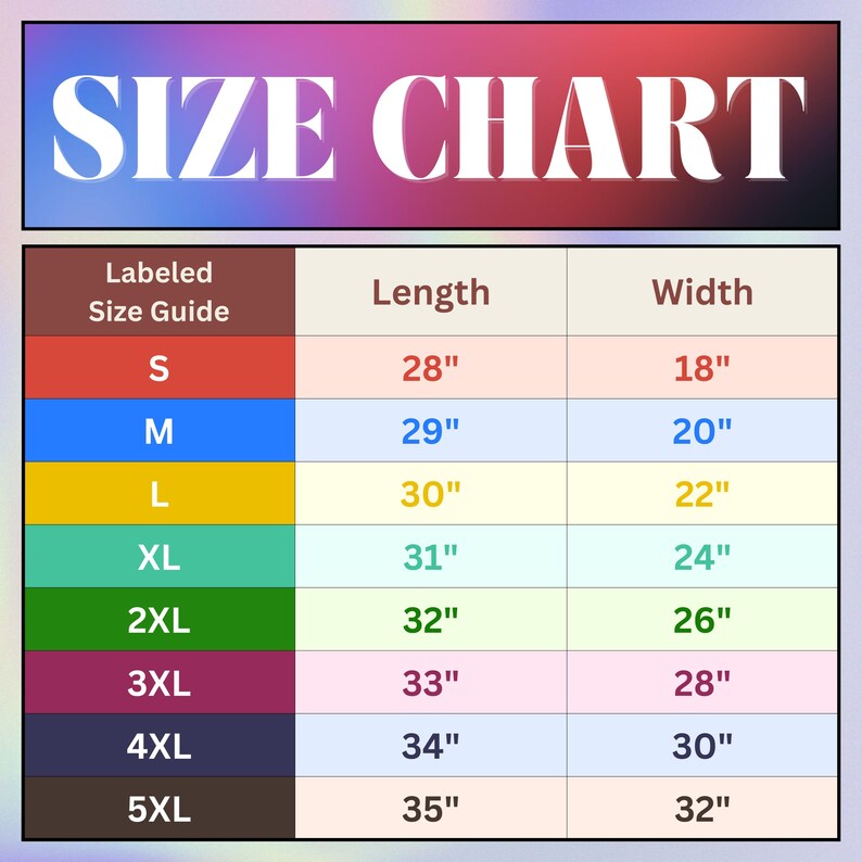 May include: Size chart for clothing with labeled sizes from S to 5XL. The chart shows the length and width in inches for each size.