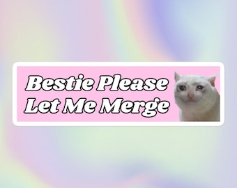 Meilleure amie, s'il vous plaît laissez-moi fusionner | Drôle mignon chat qui pleure meme embarrassant sarcastique style an 2000 impression | Autocollant pour pare-chocs sans bulles