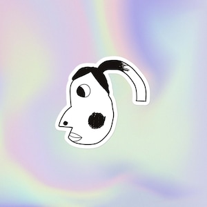 May include: A black and white line drawing of a person's face with a single eye and a ponytail. The face is stylised and abstract.