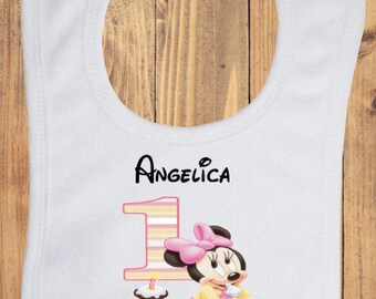 Personalised Baby bib 1st Birthday Minnie image with baby's name