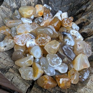 May include: A collection of polished agate stones in shades of yellow, brown, and white. The stones vary in size and shape, with smooth, rounded surfaces. The agates are displayed in a rustic wooden bowl, showcasing their natural beauty.