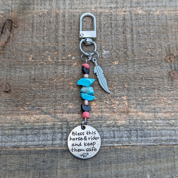 TURQUOISE FEATHER - Bless This Horse & Rider and Keep Them Safe Bridle Charm - Horse Lover, Equestrian, Horse Girl, Cowgirl, Western Bling