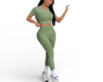 2 Piece Washed Activewear Set | Short Sleeve Crop Top & High Waist Leggings | Yoga Gym Workout Outfit