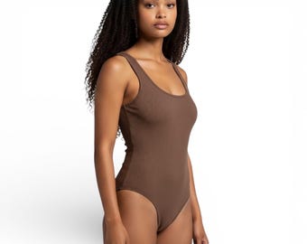 Ribbed Brown Bodysuit | Scoop Neck Snap Closure | Minimalist Stretchy One Piece | New with Tags