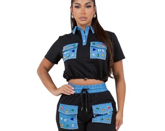2-Piece Denim Trim Black Short Set with Colorful Rhinestones – Stretchy & Stylish