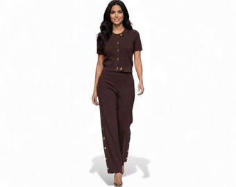 Brown Knit Two-Piece Outfit for Women with Button Detail | Cozy Lounge Wear