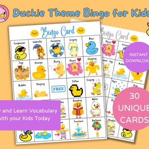Bingo de Patinhos para Crianças, 8 Cartões de Bingo para Imprimir, Bingo de Patinhos de Borracha, 30 Cartões de Visita Exclusivos, Atividade de Acampamento de Verão para Crianças, Momento Divertido com as Crianças