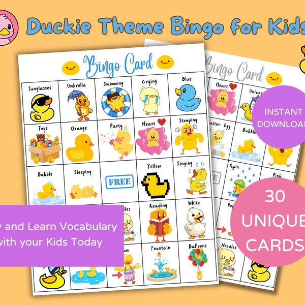 Duckie Bingo for Kids, 30 Printable Bingo Cards, Rubber Duck Bingo, Kids' Summer Camp Activity, Fun Time with Kids, Instant Download