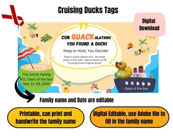 Duck Tags, Cruising Ducks, Rubber Duck Tag, Cruising Duck Game Tags, Editable Details, Printable, Cruise Printables, Instant Download