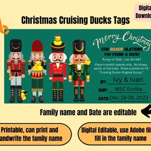 Op de afbeelding: Een groene kerstkaart met een feestelijke boodschap, met een rij van notenkrakers en een gele rubberen eend. De tekst luidt "Merry Christmas Con Quack Ulations You Found A Duck!" en bevat instructies voor een spel. De kaart is bewerkbaar met een familienaam en datum.