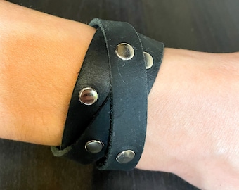 Wrap around black leather bracelet