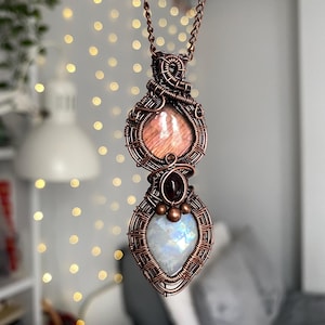 Labradorite and Moonstone Wire Wrap Pendant, Copper Wire Pendant, Labradorite Pendant