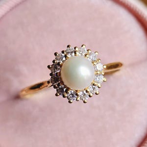 Dainty Pearl Halo Engagement Ring-Natural Pearl Wedding Ring-14k Gold Halo Pearl Promise Ring-Vintage Pearl Ring-June Birthstone Pearl Ring
