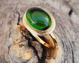 Green Tourmaline Cabochon Ring-14k Solid Gold Ring-tourmaline Ring