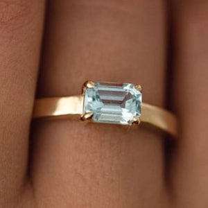Emerald Cut Aquamarine Ring Aquamarine Engagement Ring-925 Silver East West Promise Ring-March Birthstone Wedding Band Anniversary Band Ring