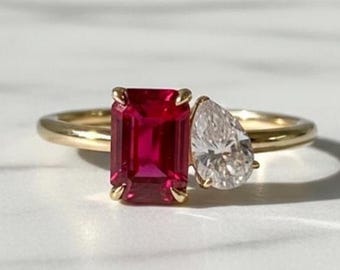 Toi Et Moi Rubin & Diamant Verlobungsring 14k Gold Rubinring Zweistein Brautring Turmalin Vintage Ehering Verlobungsring für sie