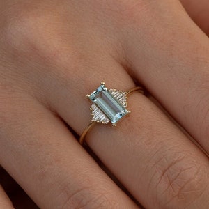 14k Yellow Gold Aquamarine Ring-Baguette Cut Aquamarine Ring-Aquamarine Ring-Engagement Ring-Promise Ring-March Birthstone