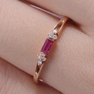 Baguette Ruby Ring Rose Gold Dainty Minimalist Promise Ring for Her Tiny Stackable Gemstone Jewelry July Birthstone Gift Thin Gold Band