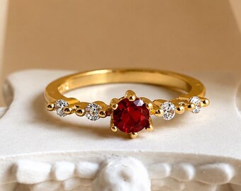 14k Solid Gold Dainty Ruby Ring – Minimalist Stacking Band, July Birthstone Ring Red Ruby Ring-Anniversary Gift Stackable Ring