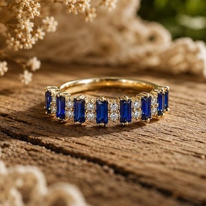 Blue Sapphire Baguette Engagement Ring Emerald Cut Sapphire Dainty Stacking Wedding Band Unique Sapphire Half Eternity Ring Anniversary Gift