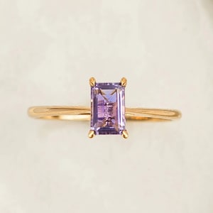 Natural Amethyst Ring-Emerald Cut Amethyst Ring-Stackable Ring-Solitaire Amethyst Ring-Sterling Silver Ring-14k Solid Gold Ring-Gift For Her