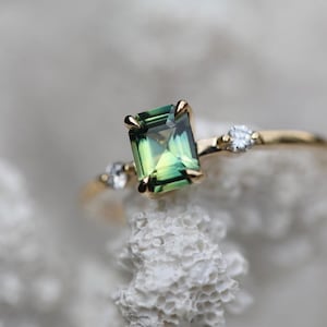 Dainty Emerald Cut Green Tourmaline Ring: 14k Gold October Birthstone