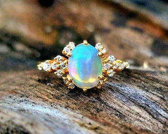 Vintage Opal Ring 14k Gold, Opal Engagement Ring, October Birthstone Ring, Opal Diamond Ring, Large Opal Ring, Welo Opal Ring, Gift For Her
