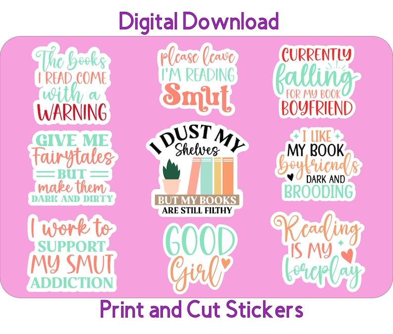 Printable Smut Sticker Bundle 5 Smut PNG Files Print and Cut Stickers for Cricut Digital Download image 1