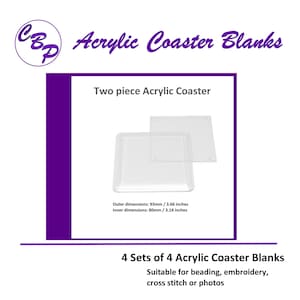 May include: Four sets of four clear acrylic coaster blanks, each measuring 3.66 inches in diameter. The coasters are suitable for beading, embroidery, cross stitch, or photos.