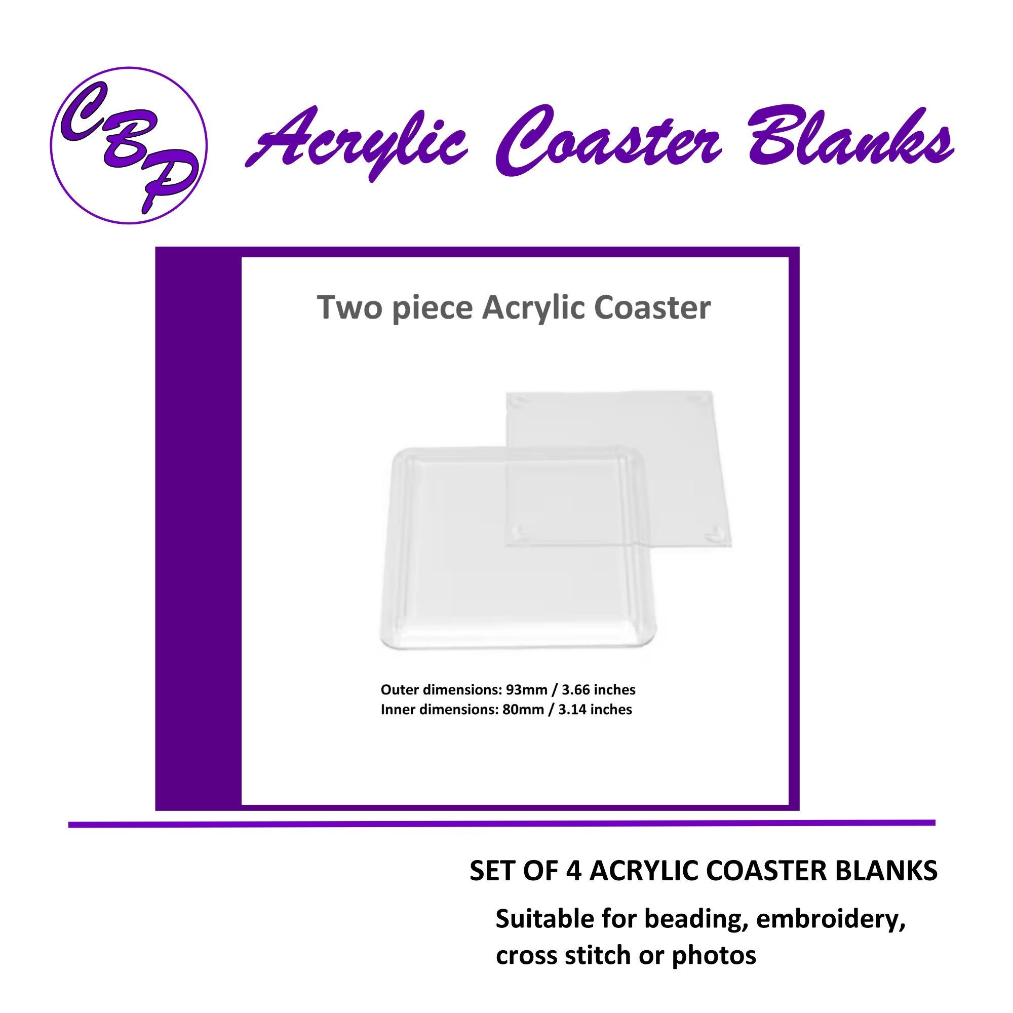 Acrylic Coaster Blanks, One Set of 4, 93mm / 3.6 Square Coasters