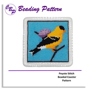 May include: A beaded coaster pattern featuring a yellow bird with black wings and a purple flower on a blue background. The pattern is called "Peyote Stitch Beaded Coaster Pattern".