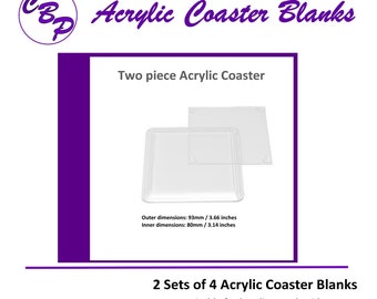 Acrylic Coaster Blanks, Two Sets of 4, 93mm / 3.6" Square Coasters, Beading, Embroidery, Cross Stitch, Photos