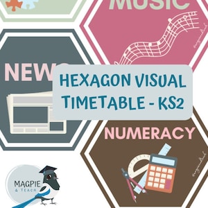 May include: A visual timetable for KS2 students, featuring six hexagonal shapes with different subjects: Music, Numeracy, News, Art, Literacy, and PE. The center of the image features the text "Hexagon Visual Timetable - KS2".