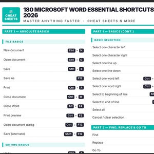 May include: A Microsoft Word shortcuts cheat sheet for beginners. The teal and white guide lists 180 essential shortcuts for PC users. Sections include file basics, basic selection, and formatting, with keyboard commands.