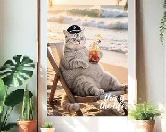 おもしろい猫のビーチプリント – のんびり休暇を楽しむ猫好きのためのウォールアート（デジタルダウンロード）