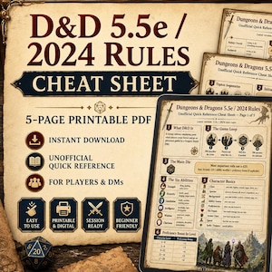 Aide-mémoire PDF D&D 5e 5.5e, guide de référence rapide des règles 2024, téléchargement numérique imprimable pour les débutants et les DM