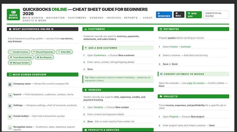 Quickbooks Online 2026 Beginner's Cheat Sheet (pc/mac Guide) - Etsy