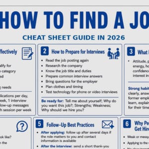 May include: A blue and white infographic titled HOW TO FIND A JOB CHEAT SHEET GUIDE IN 2026. It features six numbered sections covering job applications, interview preparation, employer expectations, questions to ask, follow-up, and reasons for rejection.