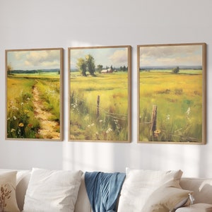 Trio of Printable Oil Paintings: Green Country Fields Landscape, Vintage Landscape Art Print, Prairie Field Wall Art Digital Download