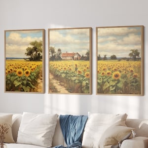 Trio of Printable Vintage Oil Paintings: Sunflower Field Landscape, Landscape Art Print, Country Field Wall Art Digital Download, Rustic Art