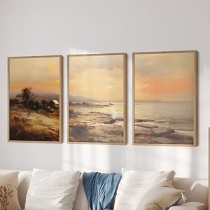 Waterfront Cabin at Sunset, Set of 3 Posters, Nautical Wall art, Vintage Oil Painting, Ocean Wall Decor, Marine Print, Beach House Art Print