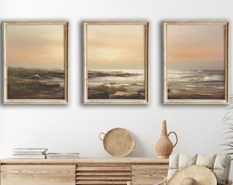Gorgeous Ocean Sunset Prints, Set of 3 Vintage oil Paintings, Nautical decor art, Seashore painting, Triptych art, Digital Wall Art Download