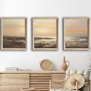 Gorgeous Ocean Sunset Prints, Set of 3 Vintage oil Paintings, Nautical decor art, Seashore painting, Triptych art, Digital Wall Art Download