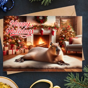 Funny Capybara Christmas Card, 5x7 Printable Xmas Card, Funny Holiday Card, Digital Download, Happy Holidays