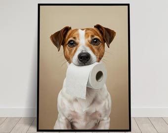Jack Russell Terrier with toilet paper roll in mouth, Toilet Humor, JRT Gifts, Bathroom Print, Dog Lover Gift, WC Wall Art, Framed Print