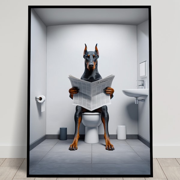 Foto eines Dobermanns, der auf der Toilette die Zeitung liest, humorvolle WC-Dekoration, dekorativer Rahmen für das Badezimmer, Toilettenposter, lustiges Geschenk