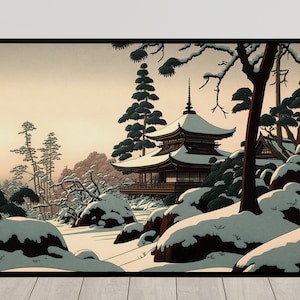 Poster da parete del tempio giapponese sotto la neve, illustrazione in stile arte giapponese, decorazione murale con paesaggio montano, poster da incorniciare