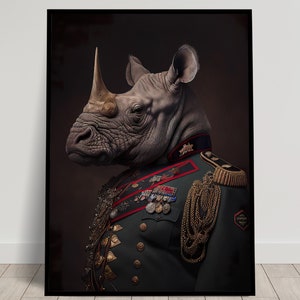 Portrait of a Rhinoceros in Military Uniform, Animal Wall Decor, Rhinoceros Poster, Wall Poster to Frame