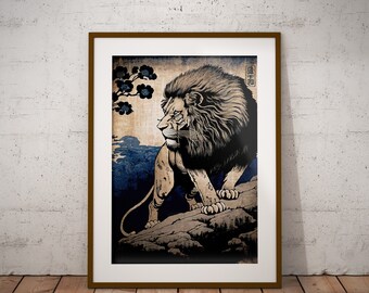 Lion Wall Poster, Japanese Art Style Illustration, Ukiyo-e Print